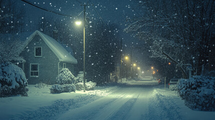 A peaceful snowy night scene with streetlights illuminating a snow-covered road in a quiet neighborhood. -