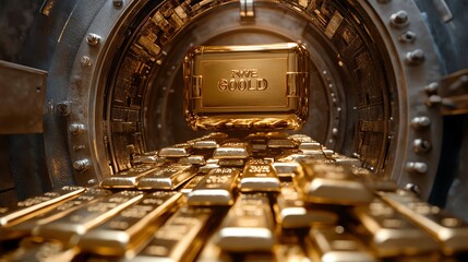 A gold vault with a box of gold bullion in the center of a pile of gold bars.