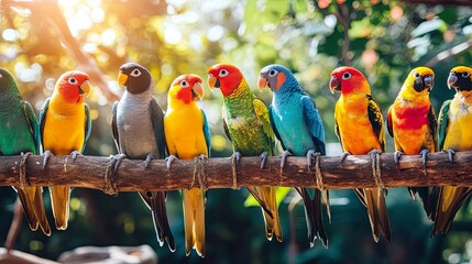 Colorful Parrots Perched Branch Sunlight