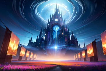 ゲーム背景　異世界エネルギーを放つ場所にある尖塔がある古代の城風景