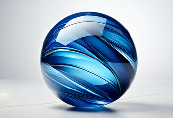Transparent blue glass sphere with reflected window and slight movement of water inside. White background.