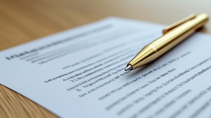 Obraz premium A close-up of a document with a gold pen resting on it, suggesting a signing or agreement.