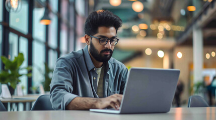 an Indian software engineer working on laptop in modern office, portrait of a man working on laptop