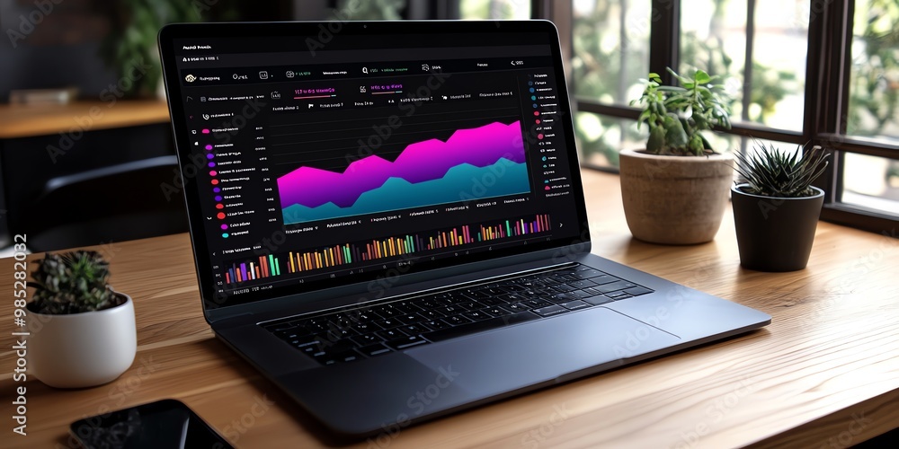 Aufkleber A laptop with a bright screen showing a line graph, a bar graph and data on a wooden desk with a small plant in a pot.