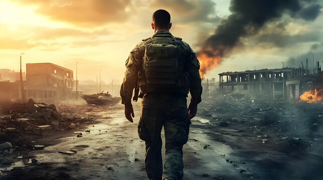 Soldier Walking Through Destroyed City - Realistic Image