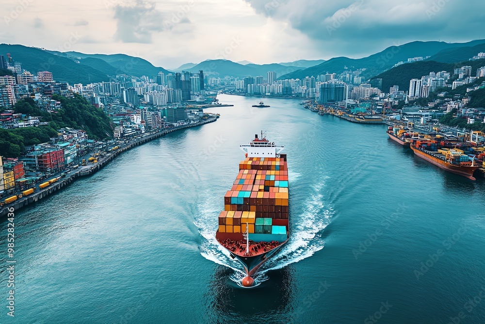 Poster a large cargo ship carrying containers sails through a narrow channel in a busy harbor with a city s
