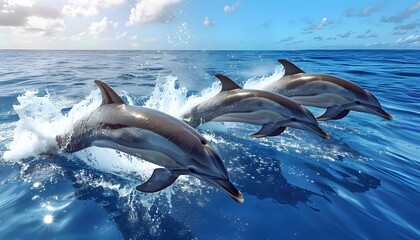 Naklejka premium Dolphins swimming and playing in ocean.