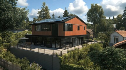 Fototapeta premium Modern house with solar panels surrounded by greenery and trees.
