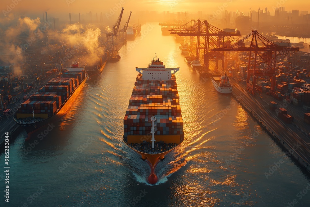 Poster a large container ship sails through a busy harbor at sunset.