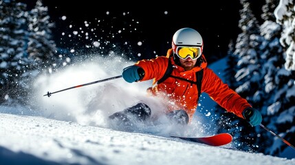 A skier carving through fresh snow in a winter landscape, showcasing action and adventure.