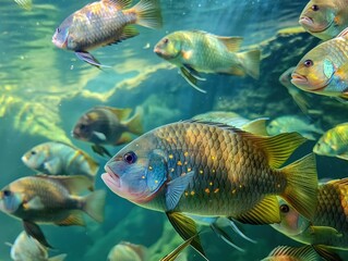 Naklejka premium Close-up of school of Spotted tilapia fish in calm underwater scene. Tropical fish swim together in blue waters, surrounded by coral reef, ocean plants. Fish move freely, showcasing natural behavior.