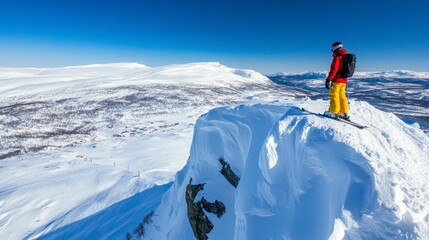 A skier poised on a snowy peak, ready to descend into a vast winter landscape.