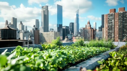 Fototapeta premium A rooftop garden thriving amidst a city skyline, showcasing urban agriculture.