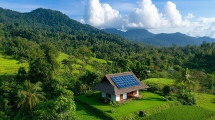 A solar-powered house nestled in lush greenery, surrounded by mountains and blue skies.