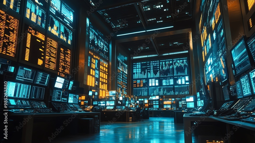 Aufkleber A large, futuristic server room with rows of monitors displaying data and graphs in blue and orange.