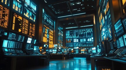 A large, futuristic server room with rows of monitors displaying data and graphs in blue and orange.