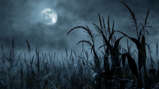 Moonlit Cornfield Under a Gloomy Sky