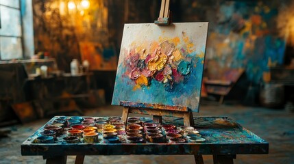 A vibrant artist's workspace featuring an easel with a colorful canvas and a palette of paints.