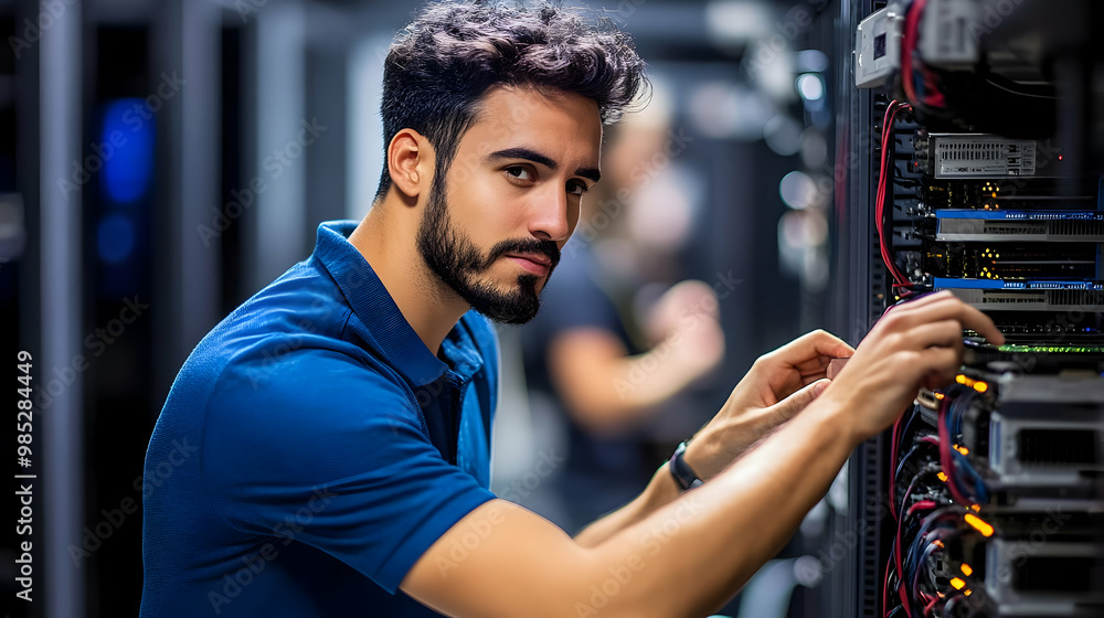 Poster technician working on server racks - realistic image