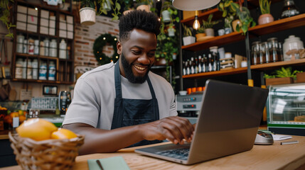 Fototapeta premium Small business owner managing am online store working on laptop, e commerce business concept, digital marketing