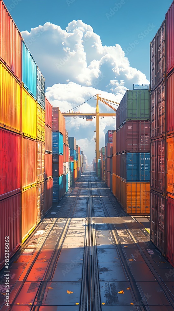 Poster A long, narrow path between rows of colorful shipping containers leads to a crane and a hazy horizon under a partly cloudy blue sky.