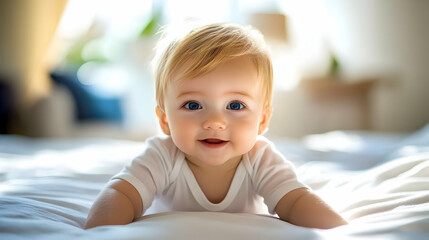 Fototapeta premium Adorable Baby Boy with Blue Eyes Smiling on a White Bed - Photo