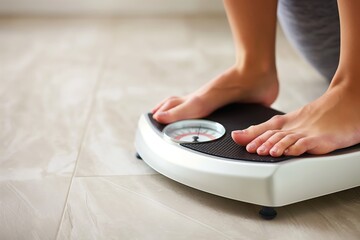 Fototapeta premium Woman standing on floor with scales in background. Close-up of female measuring weight with on scale. Healthy lifestyle, weight control, calorie management, fitness, physical exercise for young