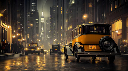 Fototapeta premium Vintage Cars on a City Street at Night - 3D Illustration