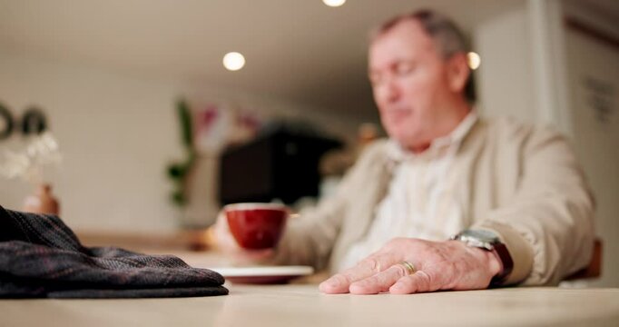 Hand, nervous and senior man with coffee for thinking, planning and ideas for retirement plan. Anxiety, cappuccino and elderly person tapping fingers in cafe waiting for pension payout for finance.