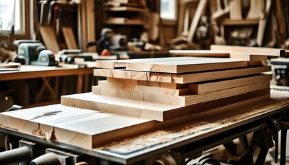 Neatly Cut Wooden Panels on a Cluttered Workbench Showcasing Precision and Craftsmanship in Woodworking Tools