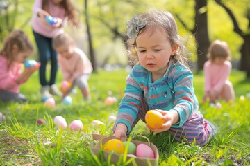 Caucasian kids enjoy Easter egg hunt in park. Children collect colorful eggs from decorated basket. Boy and girl friends play happily in sunny day. Spring celebration with family and friends.