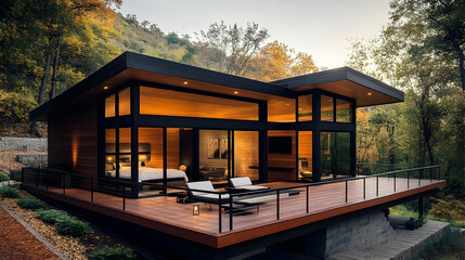 Modern Wooden Cabin With Deck in Forest - Realistic Image