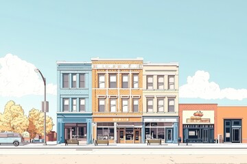 Colorful historic downtown main street with shops, businesses, and architecture