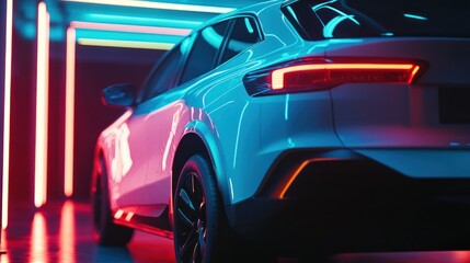 Obraz premium A sleek white car illuminated by vibrant neon lights in a modern setting.