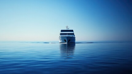 Obraz premium A serene view of a boat sailing on calm waters under a clear blue sky.
