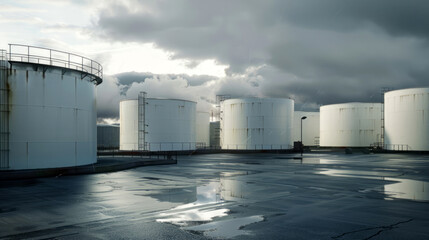 Fototapeta premium Modern industrial storage tanks at an oil company site, wet asphalt surface, grey sky, evening light.