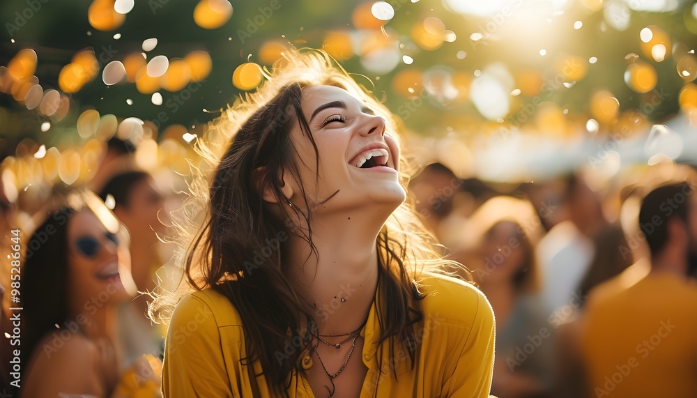 Canvas Prints joyful moments of laughter at a sunny outdoor gathering with a young woman in a yellow shirt