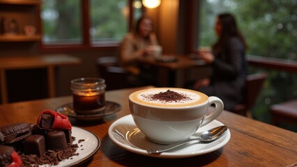 Cozy Coffee Shop Interior with Cappuccino and Assorted Chocolates