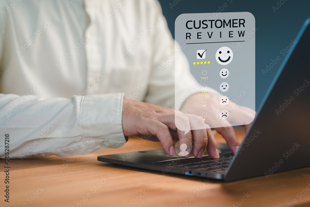 Poster male customer engage in a satisfaction survey, using an online application to rate their service exp
