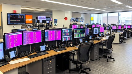 A modern office space with rows of desks and computer monitors displaying stock market data. The desks are equipped with keyboards, phones, and other office supplies.