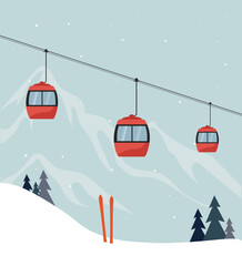 snowy mountains and forests, ski slopes and lifts, people skiing, snowboarding or sledding, skating, houses in the mountains, cozy ski resorts, tourists in winter equipment, winter sports attributes