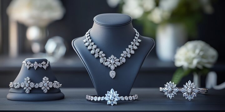 A necklace, bracelet, and ring made of silver and diamonds set on black display stands.