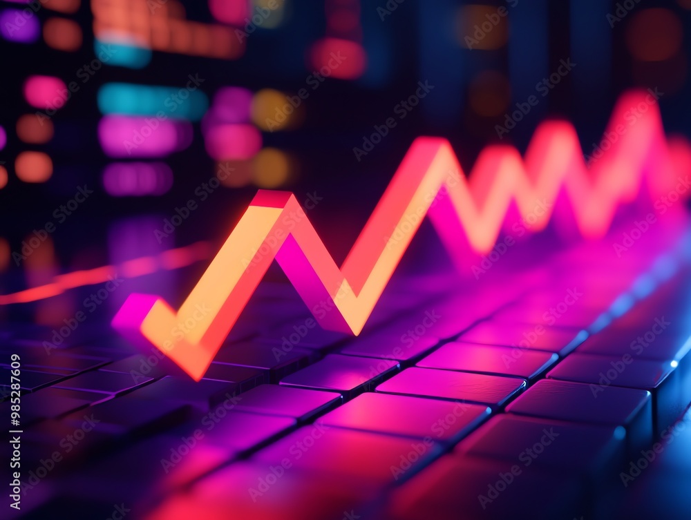 Poster A neon pink and orange arrow graph on a black keyboard lit with colorful lights in the background.