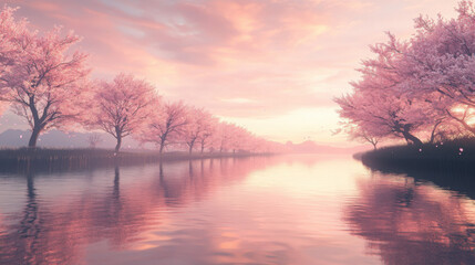 Fototapeta premium A peaceful riverside lined with sakura trees, their reflections shimmering in the calm water under a pastel sky.
