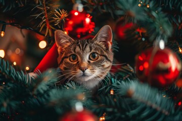 Obraz premium The cat in the Santa hat looks out from the branches of a beautifully decorated Christmas tree with red glass balls and garlands of lights. Copy space