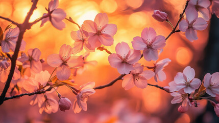 Obraz premium A close-up of sakura branches against a sunset sky, with the soft pink petals glowing in the warm light.