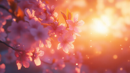 Fototapeta premium A close-up of sakura branches against a sunset sky, with the soft pink petals glowing in the warm light.