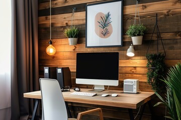 Stylish home office design with computer and wooden wall. Comfortable workspace with desk, chair, monitor, and decorative cabinet. Modern furniture and plant add to the trendy atmosphere.