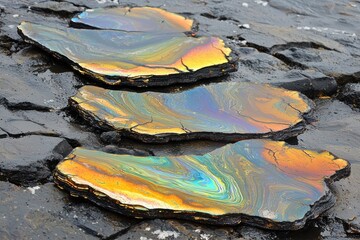 Fototapeta premium Colorful oil slick on puddle with reflections