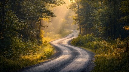 Obraz premium Winding Autumn Forest Road Bathed in Golden Sunlight
